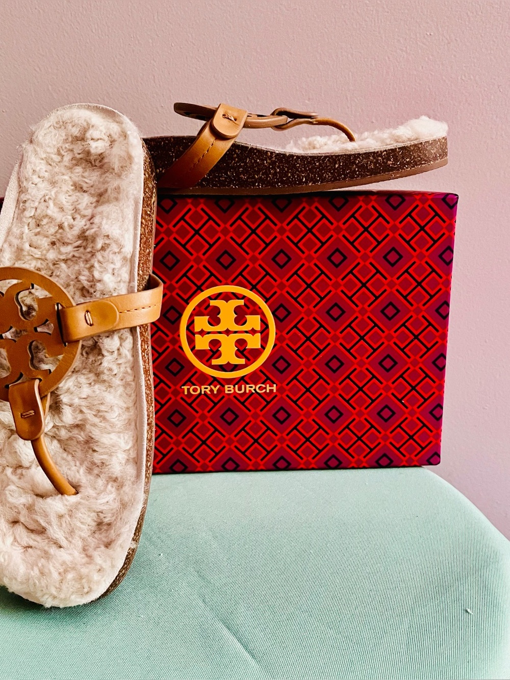 Tory Burch Tan Leather Logo Shearling Thong Sandals